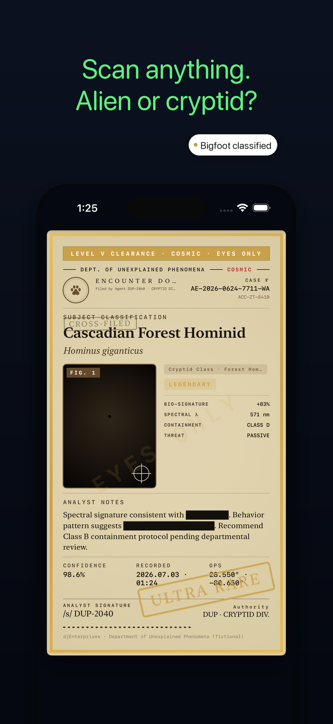 A Bigfoot Encounter Certificate — Cascadian Forest Hominid, classified