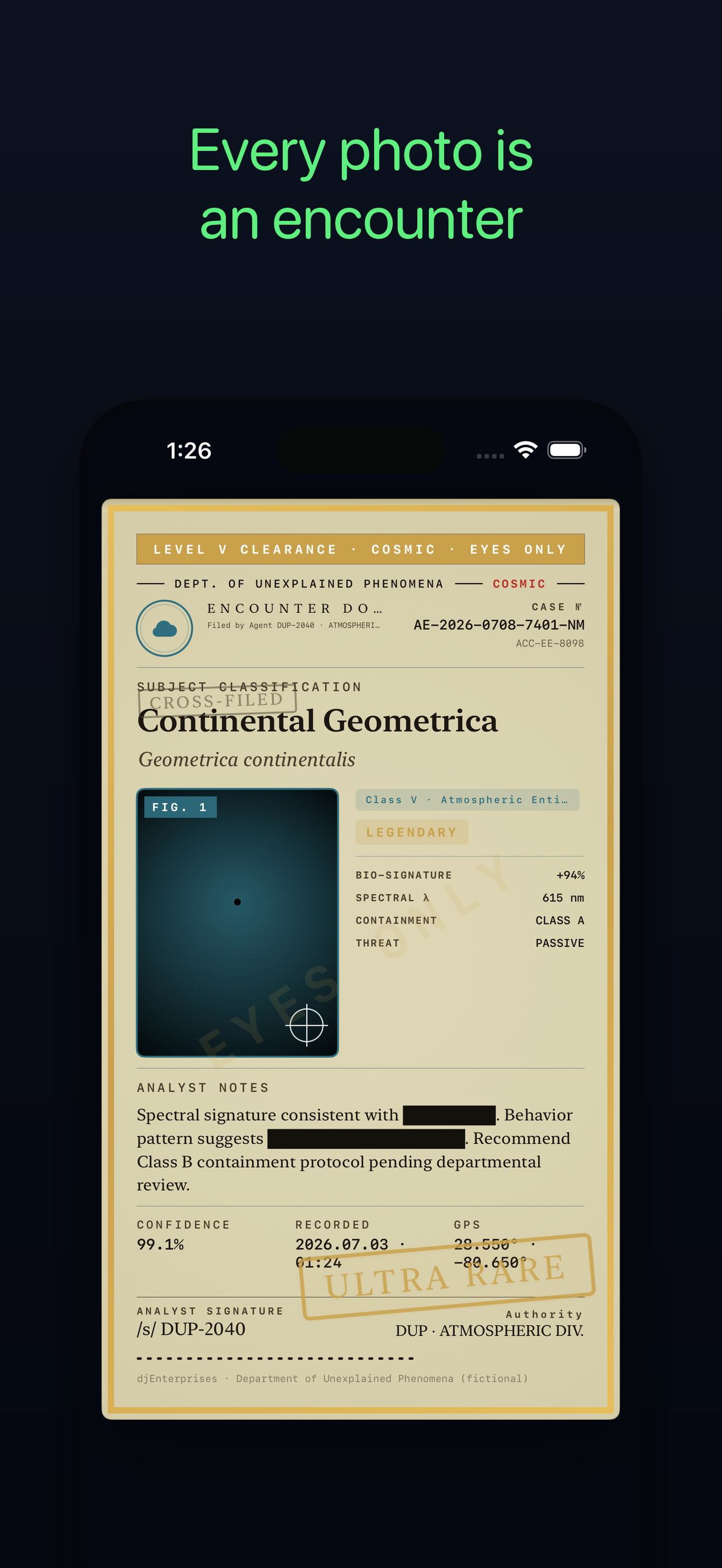 An alien Encounter Certificate in the classified-dossier style
