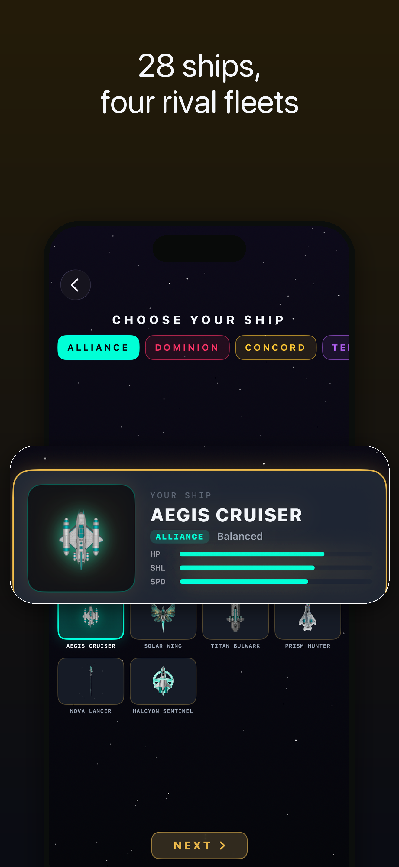 Aphelion — ship select across four fleets
