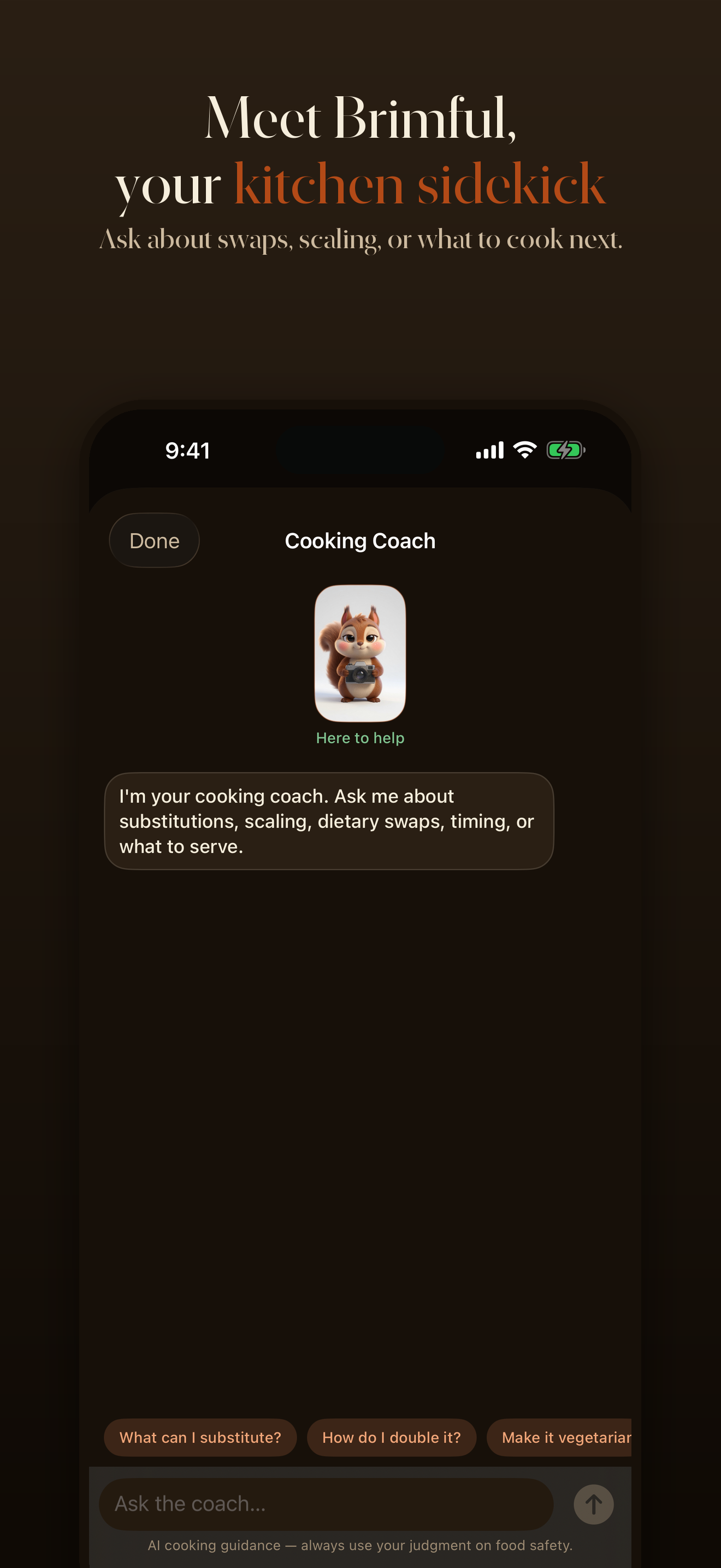 Brimful the cooking guide answering a question in chat
