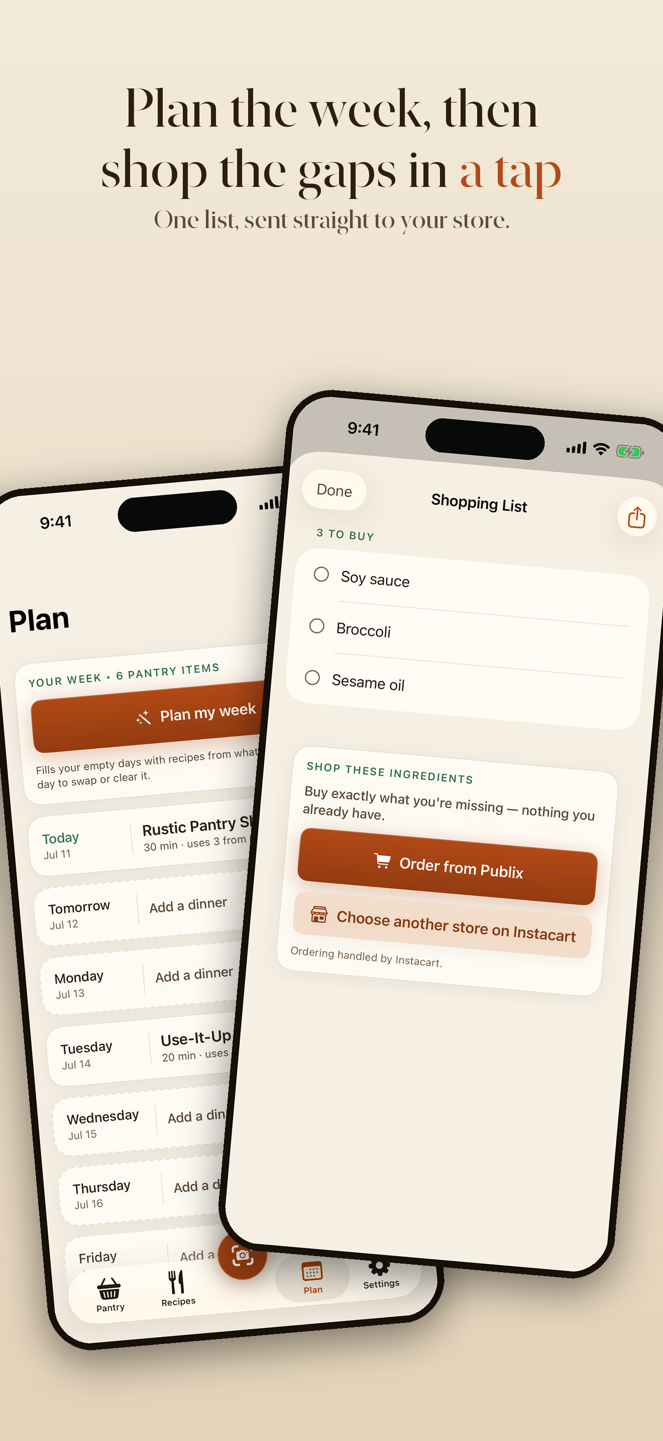 A weekly meal plan organized around your pantry