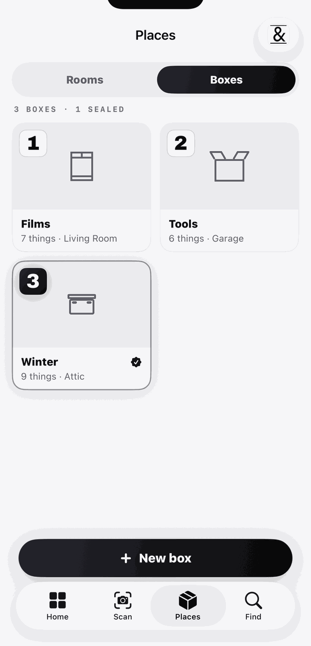 Get Organized — numbered boxes, each showing what is inside and which room it belongs to