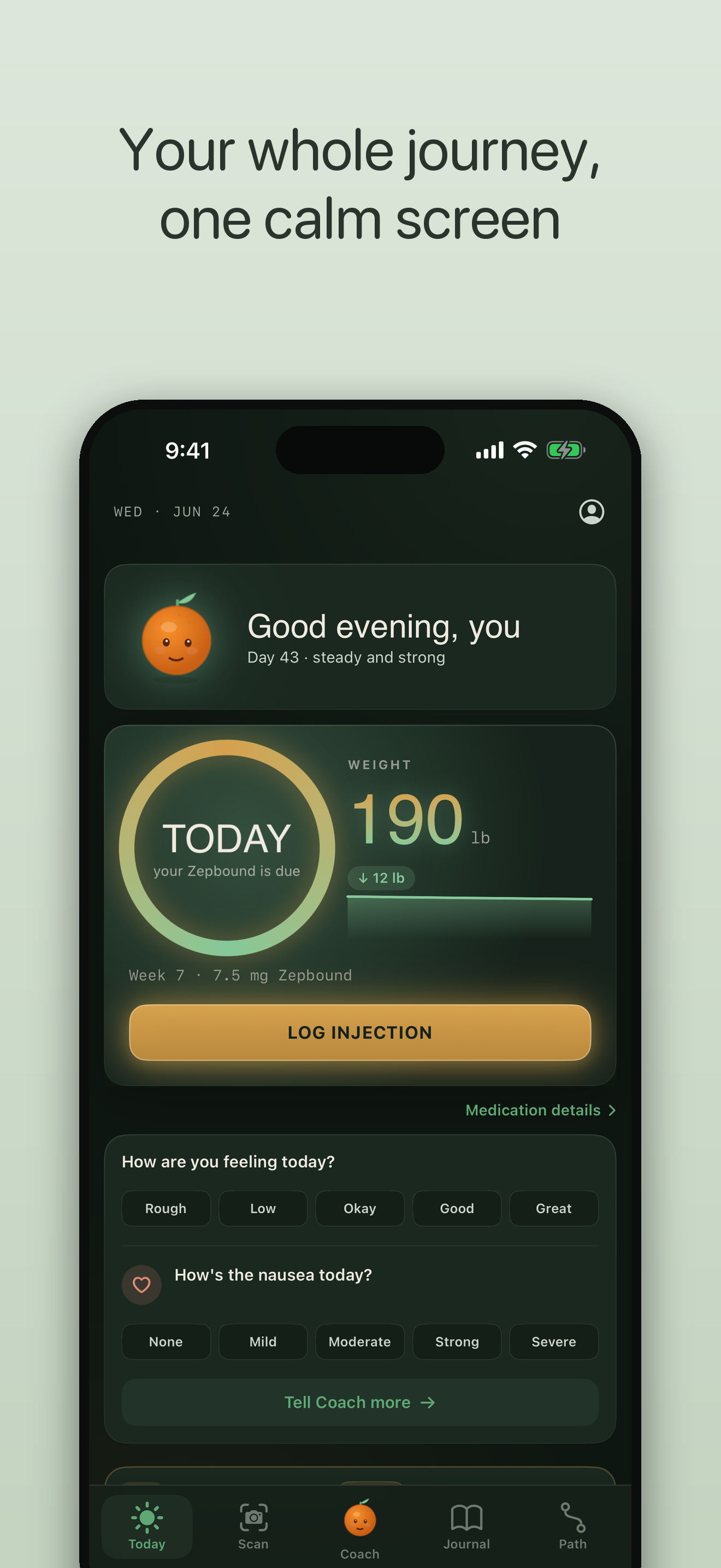 GLP-1 Coach — your whole day at a glance: dose, weight trend, and how you're feeling