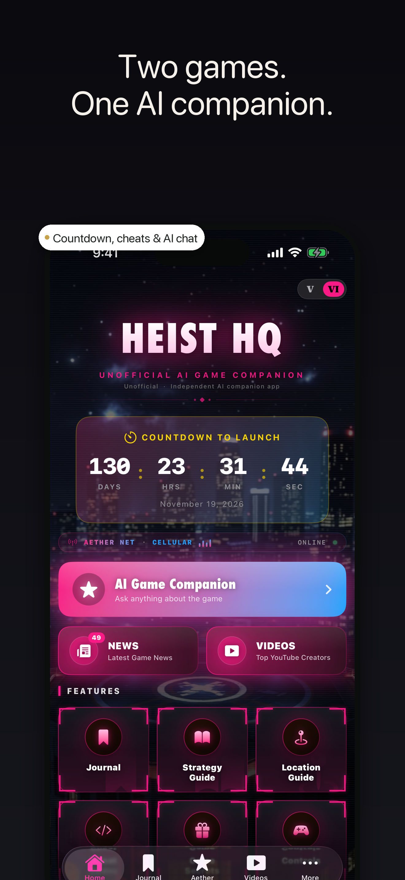 Heist HQ — home screen with the live GTA VI countdown