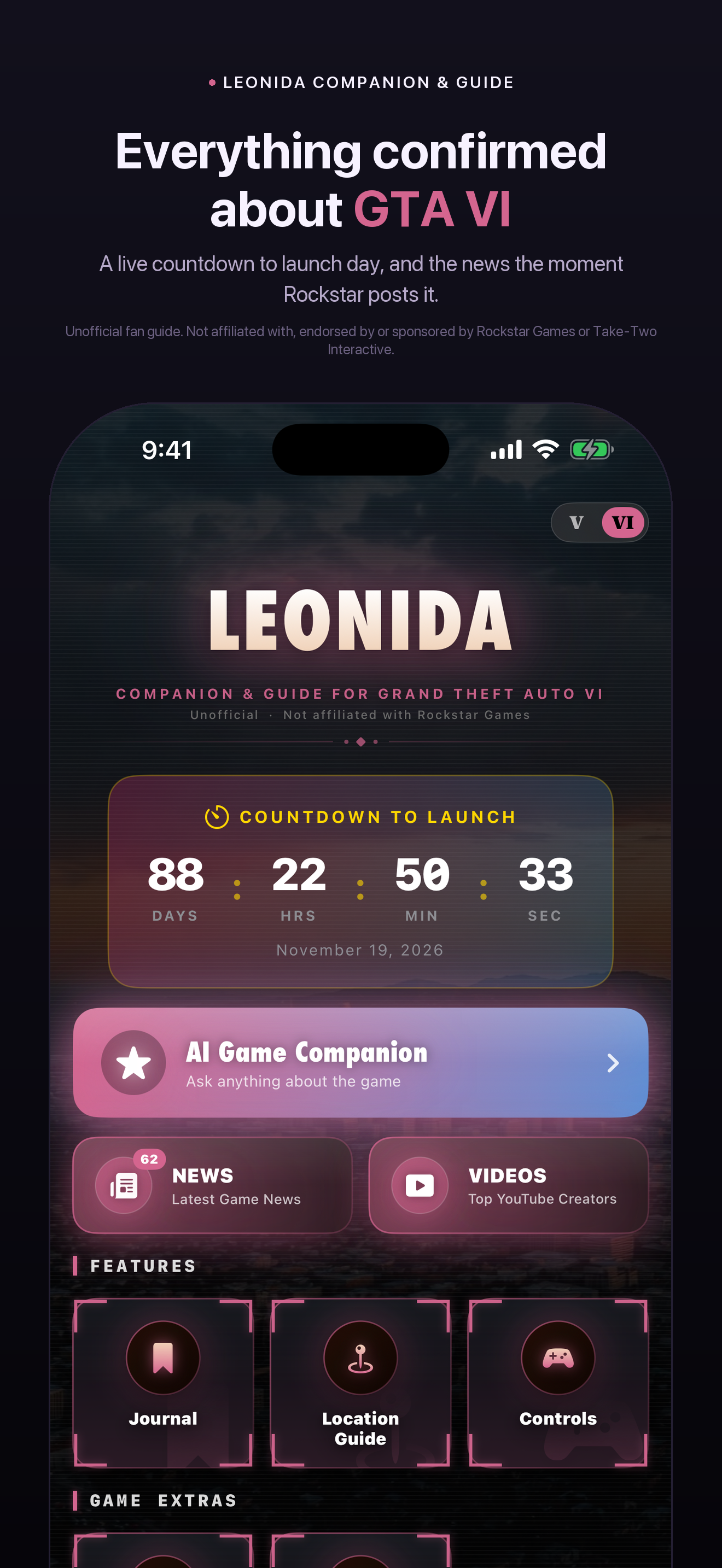 Leonida — the GTA VI home screen with a live countdown to launch day