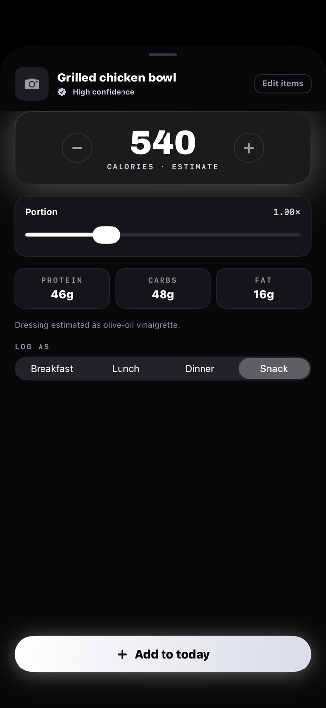 I Want To & I Will — scanning a meal for a calorie estimate