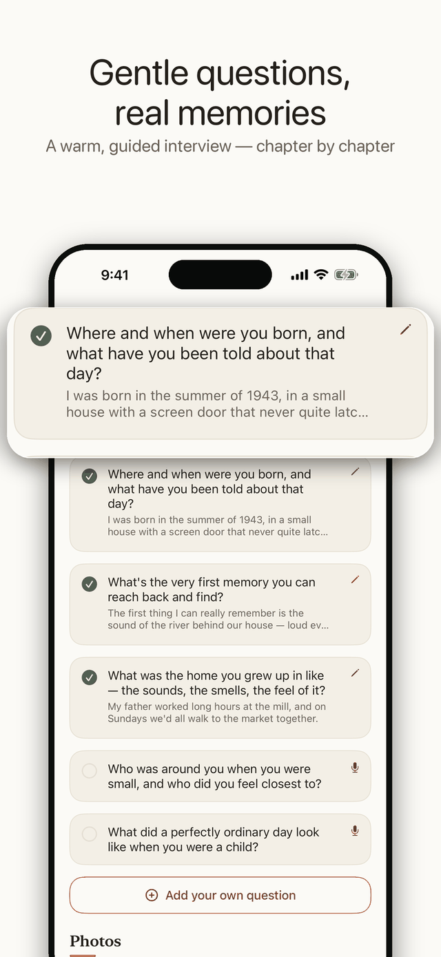 Keepsake — gentle guided questions, chapter by chapter, like a warm interview
