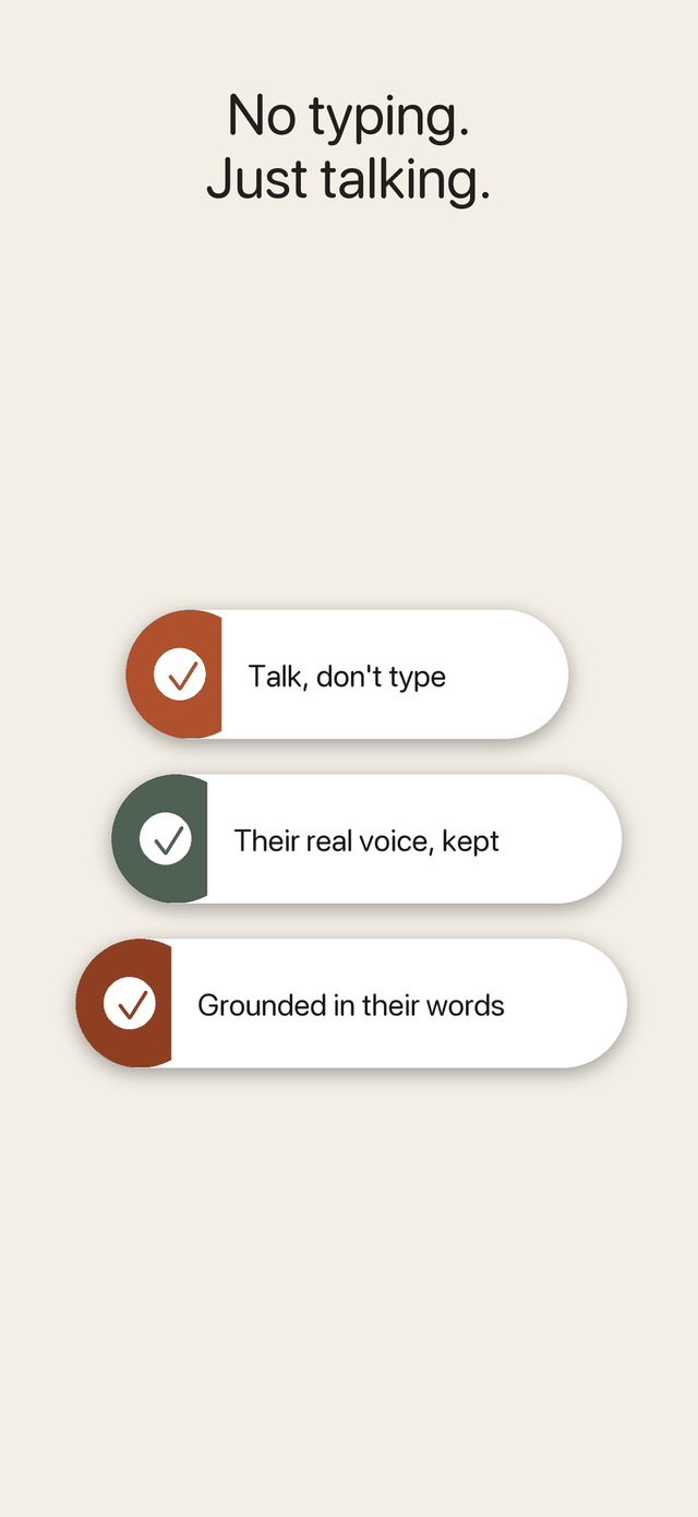 Keepsake — no typing, just talking: their real voice kept, grounded in their words