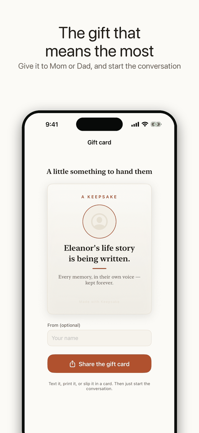 Keepsake — a gift card to hand to Mum or Dad to start their life story