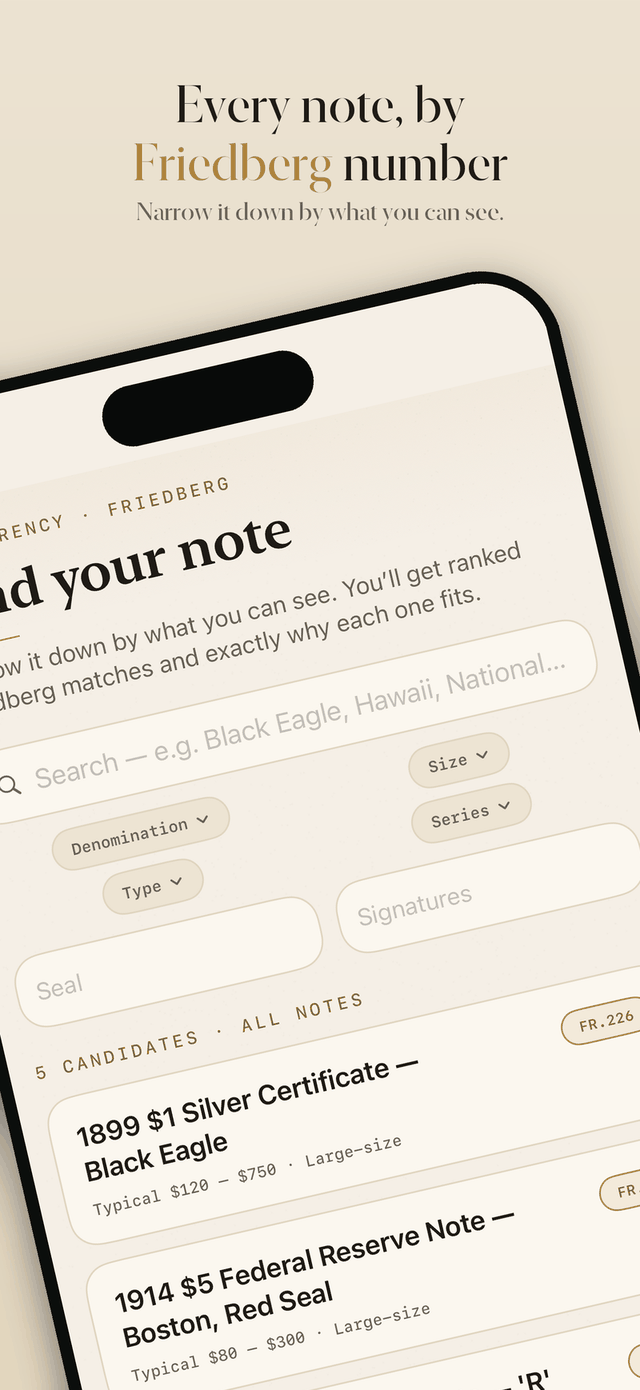 Provenance — paper money narrowed down by Friedberg number from what you can see