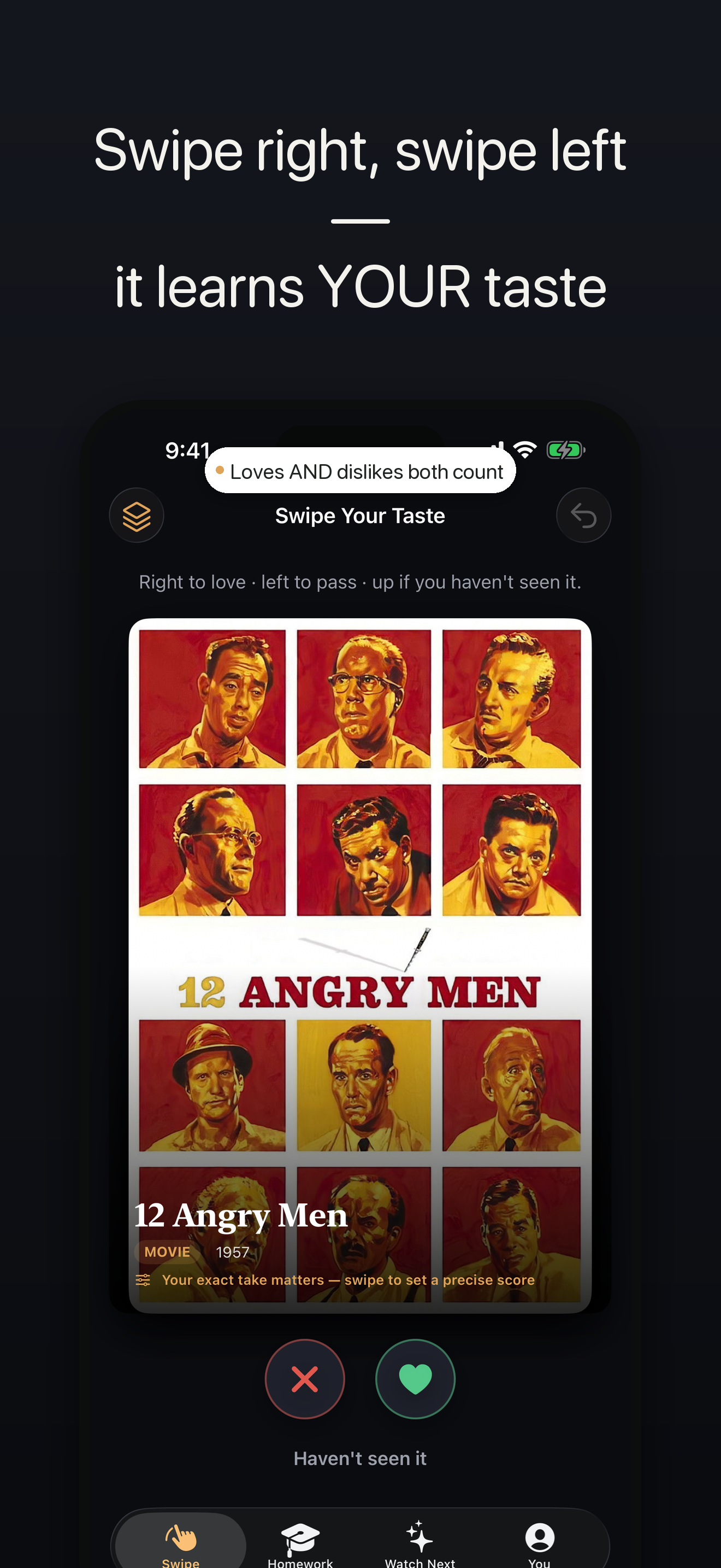 Reel Homework — swipe to learn your taste